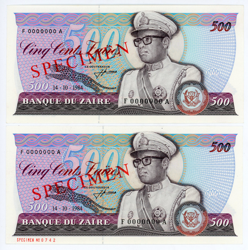 Zaire 2 x 500 Zaires 1984 Specimen
P# 30s, N# 230787; # F 0000000 A; UNC