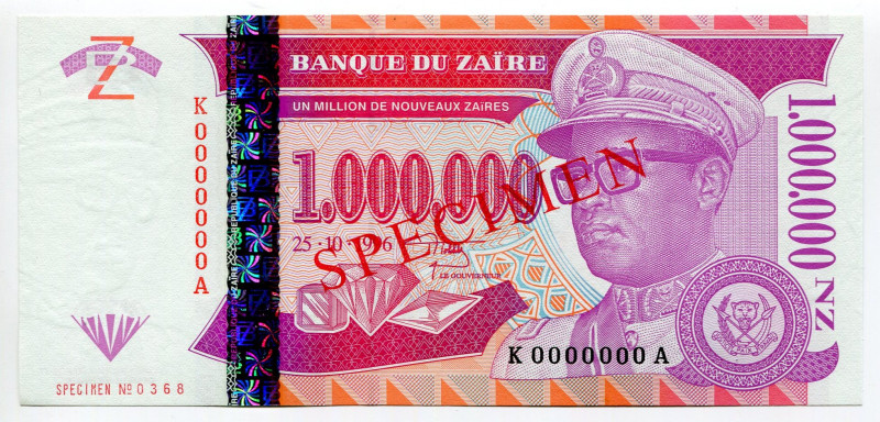 Zaire 1000000 Nouveaux Zaires 1996 Specimen
P# 79s, N# 215405; UNC