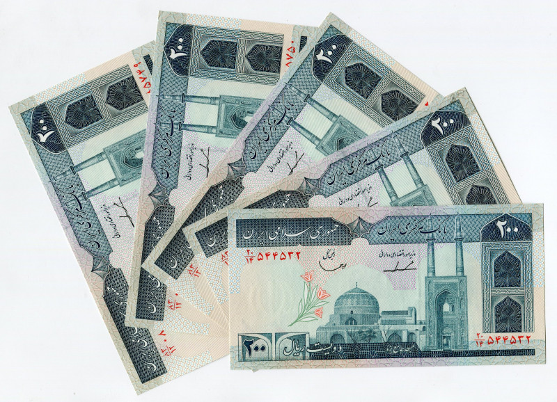 Iran 5 x 200 Rials 1987 (ND)
P# 136b, N# 206523; UNC