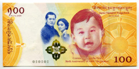 Bhutan 100 Ngultrum 2017 Commemorative issue
P# 37, N# 208479; # RB 00031198; First Anniverrsary of Birth of HRH The Gyalsey, In Original Packing; UN...