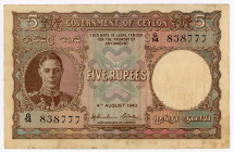 Ceylon 5 Rupees 1943
P# 36, N# 235081; # G14 838777; VF