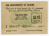 Ceylon 25 Cents 1942
P# 40, # A2 399017; AVF