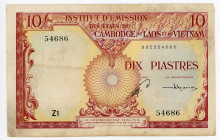 French Indochina Cambodia 10 Piastres 1953
P# 96a, N# 242020; # Z1 54686; VF-