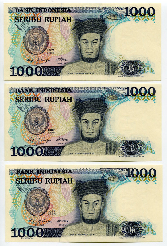 Indonesia 3 x 1000 Rupiah 1987 With Consecutive Numbers
P# 124a, N# 207593; UNC