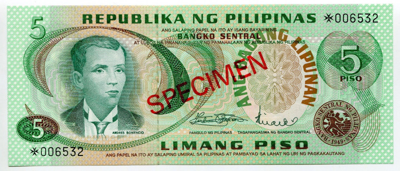 Philippines 5 Piso 1973 - 1985 (ND) Specimen
P# 153s1, N# 224446; # *006532; UN...