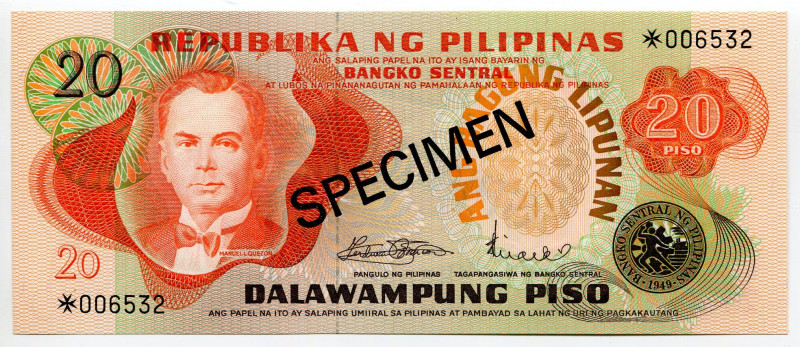 Philippines 20 Piso 1973 - 1978 (ND) Specimen
P# 155s1, N# 213817; # *006532; U...