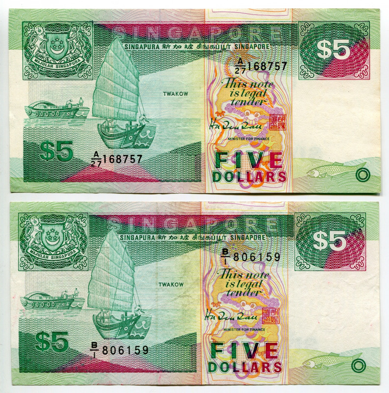 Singapore 2 x 5 Dollars 1989 - 1997 (ND)
P# 19 & 35, AUNC