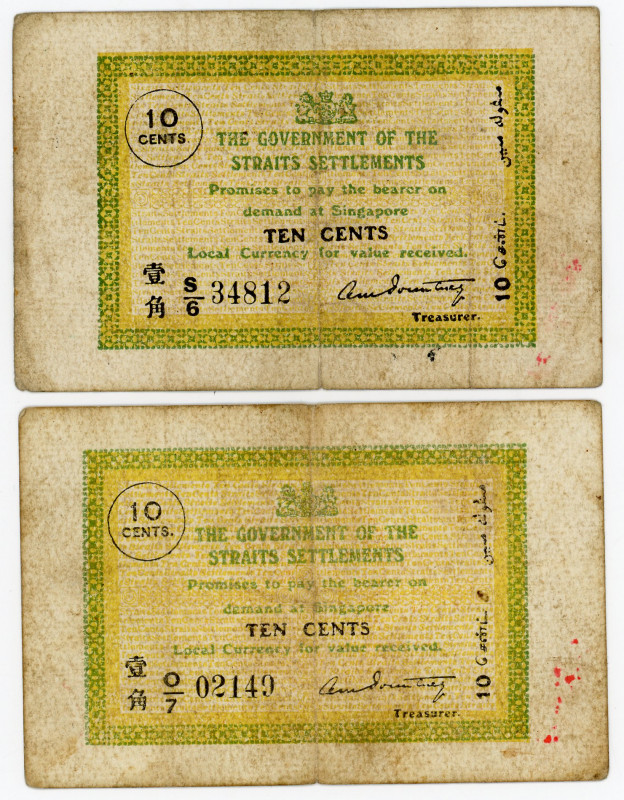 Straits Settlements 2 x 10 Cents 1917 - 1920 (ND)
P# 6, N# 202051; # S/6 34812,...