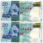 Hong Kong 2 x 20 Dollars 2012
P# 212, N# 203215; # JH 782901 - 02; With Consecutive Numbers; UNC