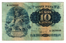 Estonia 10 Krooni 1937
P# 63, # A-2620840; VF