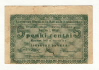 Lithuania 5 Centai 1922
P# 2, XF