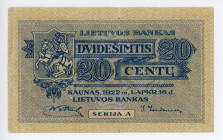 Lithuania 20 Centu 1922
P# 11, N# 226608; Serija A; Very rare; XF