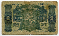 Lithuania 2 Litu 1922 Rare
P# 14a, N# 226604; # A 010181; F-VF