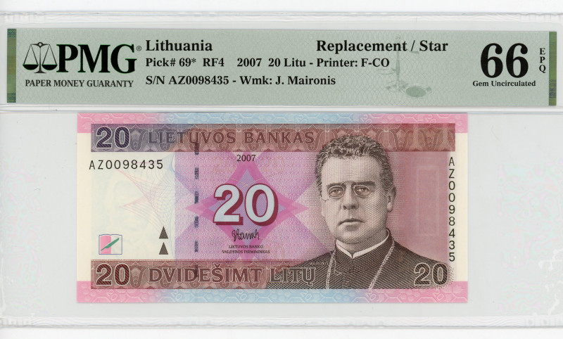 Lithuania 20 Litu 2007 Replacement Note PMG 66
P# 69r, N# 204083; # AZ0098435