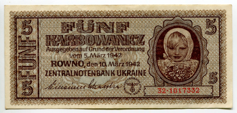 Ukraine 5 Karbowanez 1942 German Occupation - WW II
P# 51, N# 207672; # 32 1017...