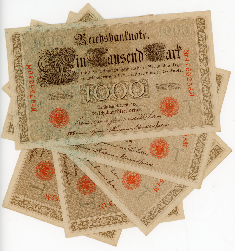 Germany - Empire 5 x 1000 Mark 1910 With Consecutive Numbers
P# 44, N# 202158; ...