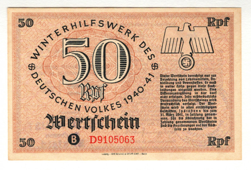 Germany - Third Reich Winterhelp 50 Reichspfennig 1940 - 1941
P# NL, # D9105063...