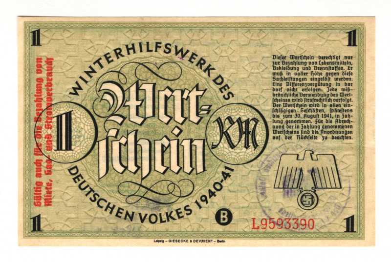 Germany - Third Reich Winterhelp 1 Reichspmark 1940 - 1941
P# NL, # L9593390; U...