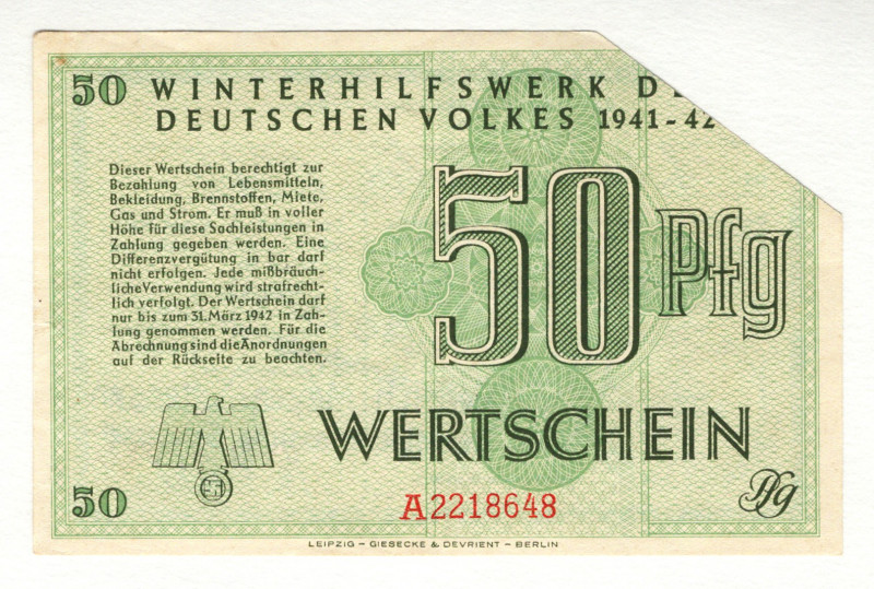 Germany - Third Reich Winterhelp 50 Reichspfennig 1941 - 1942
P# NL, # A2218648...