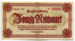 Germany - Third Reich Sudetenland & Lower Silesia 20 Reichsmark 1945
P# 187, N# 208959; # AU 025695; UNC