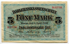 Germany - Empire Darlehnskasse Ost, Kowno 5 Mark 1918
P# R130, N# 209565; # B257706; VF