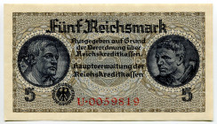 Germany - Third Reich 5 Reichsmark 1940 - 1945 (ND) Reichskreditkassenschein
P# R138a, N# 203665; # U 0059819; AUNC