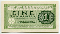 Germany - Third Reich Deutsche Wehrmacht 1 Reichsmark 1944
P# M38, N# 208983; UNC