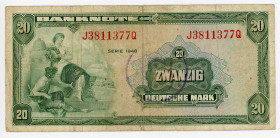 Germany - FRG 20 Deutsche Mark 1948
P# 6b, N# 215324; # J3811377Q; Stamped "B" in circle (Berlin issue); VF-