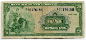 Germany - FRG 20 Deutsche Mark 1949
P# 17a, N# 209171; # P6047618H; VF-
