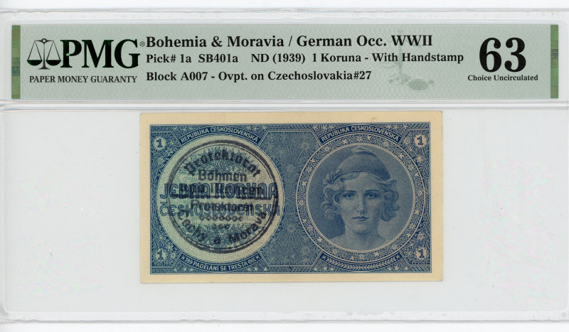 Bohemia & Moravia 1 Koruna 1939 (ND) German Occupation PMG 63
P# 1a, N# 217508;...