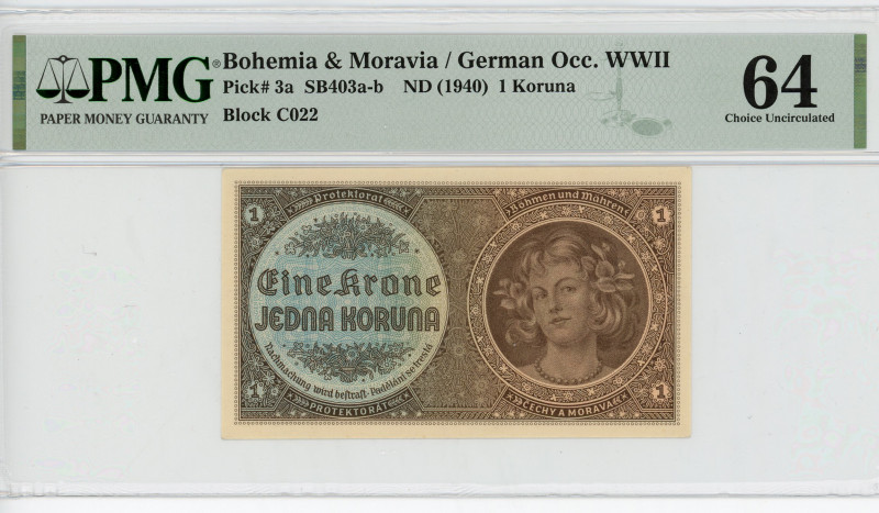 Bohemia & Moravia 1 Koruna 1940 (ND) German Occupation PMG 64
P# 3a, N# 207301;...