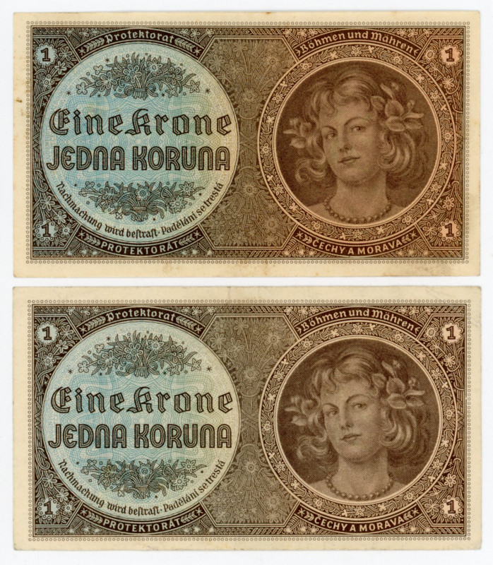 Bohemia & Moravia 2 x 1 Koruna 1940
P# 3a, N# 207301; # C 061, H 016; VF/XF