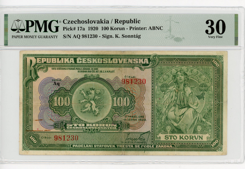 Czechoslovakia 100 Korun 1920 PMG 30
P# 17a, N# 227069; # AQ 981230; ABNC