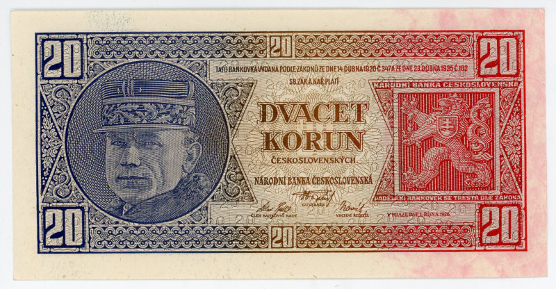 Czechoslovakia 20 Korun 1926
P# 21, N# 222207; # Ye 792731; VF+