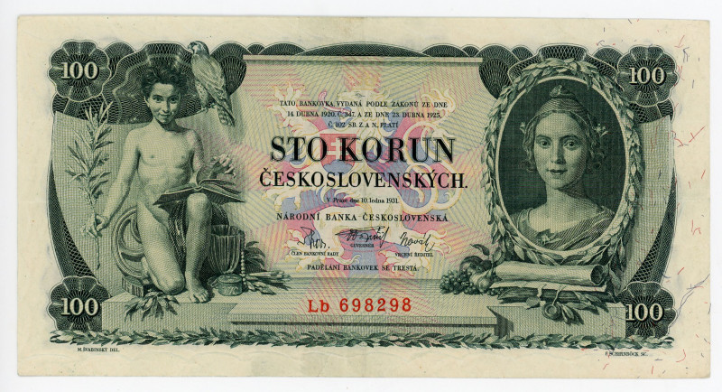 Czechoslovakia 100 Korun 1931
P# 23, N# 222208; # Lb 698298; XF