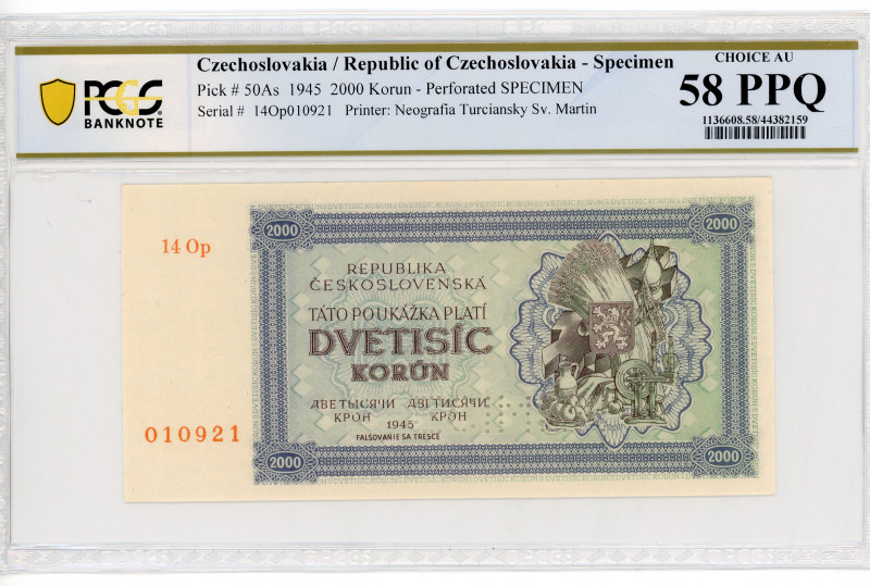 Czechoslovakia 2000 Korun 1945 Specimen PCGS 58
P# 50As, N# 285792; # 14Op01092...