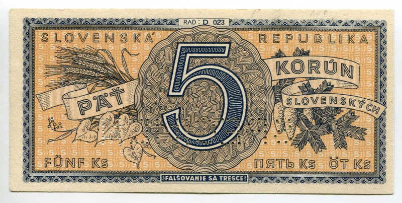 Slovakia 5 Korun 1945 (ND) Specimen
P# 8s, N# 247092; AUNC