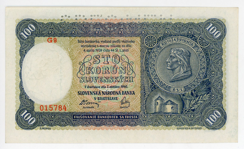 Slovakia 100 Korun 1941 Specimen
P# 10s, N# 207327; # G9 015764; XF