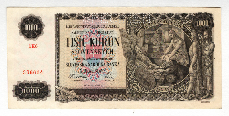 Slovakia 1000 Korun 1940 Specimen
P# 13s, # 368614; XF