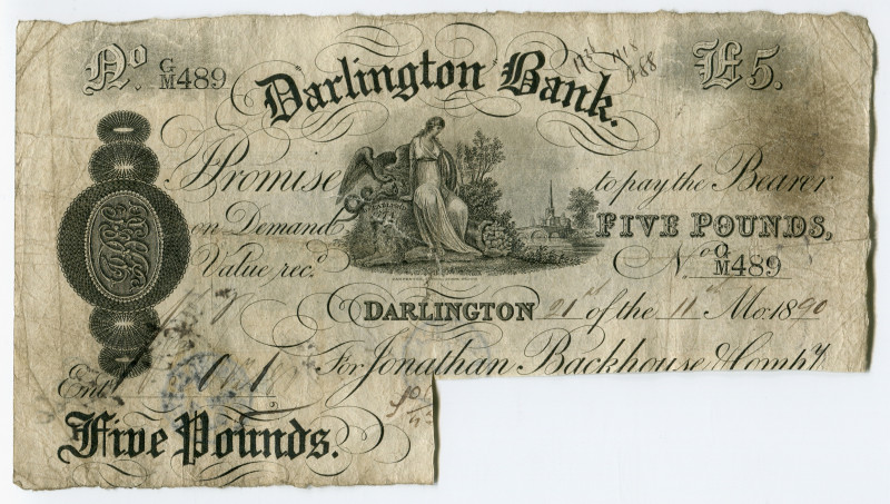 Great Britain Receipt of Darlington Bank 5 Pounds 1890 RARE
# 489; G