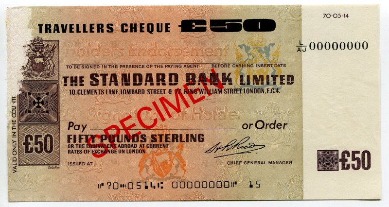 Great Britain Standard Bank Limited London Travellers Cheque 50 Pounds 1970 Spec...