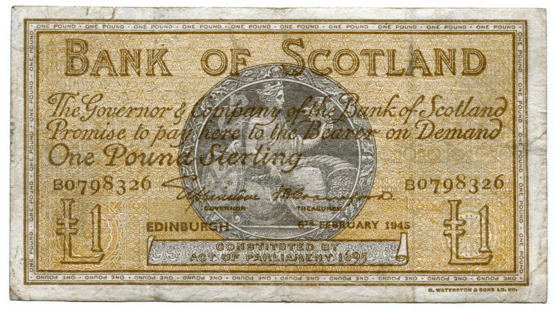 Scotland 1 Pound 1945 Bank of Scotland
P# 96, N# 223504; # B0798326; VF