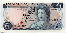 Jersey 1 Pound 1983 - 1988 (ND)
P# 11b, N# 205957; # SB448407; Elizabeth II; UNC