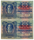 Austria 2 x 20 Kronen 1913 Consecutive Numbers
P# 53a, UNC