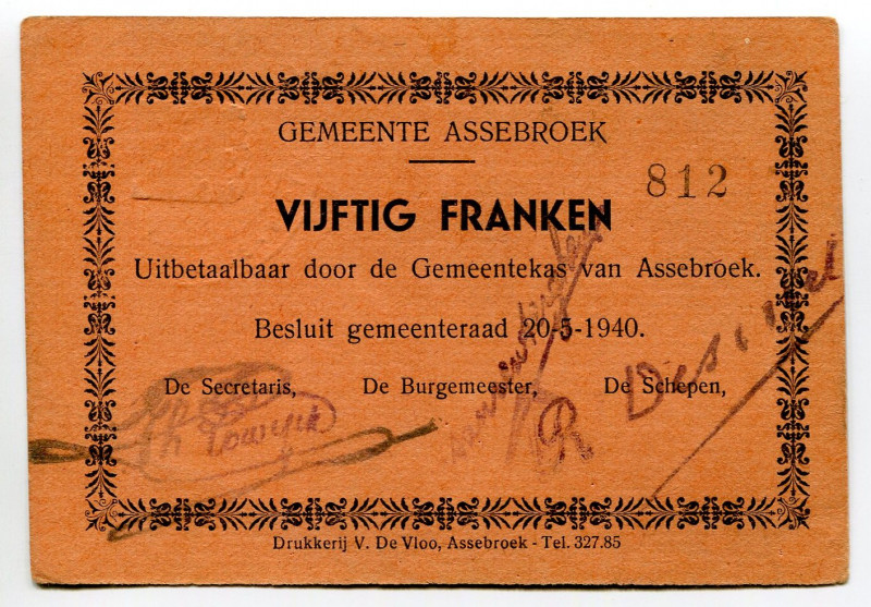 Belgium Assebroek 50 Francs 1940 Notgeld
# 812, Gemeente Assebroek; XF