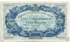 Belgium 500 Francs / 100 Belgas 1942
P# 109, N# 208674; # 1325.U.572; VF