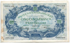 Belgium 500 Francs / 100 Belgas 1943
P# 109, N# 208674; # 1369.Z.349; VF