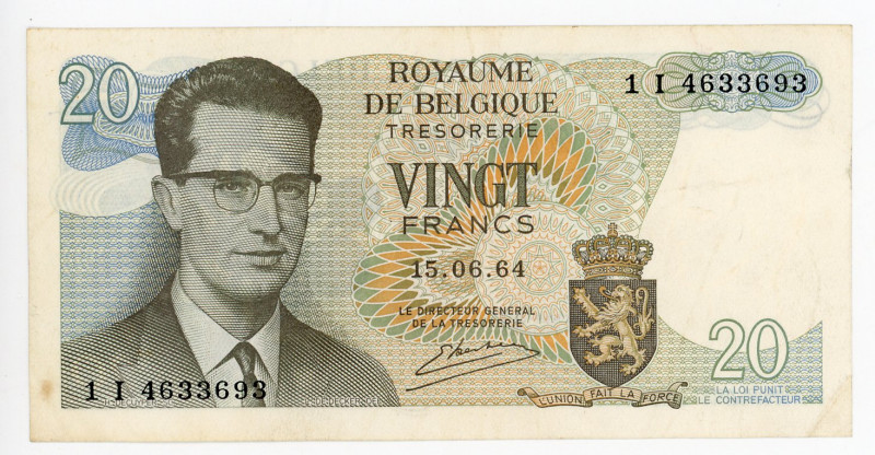 Belgium 20 Francs 1964 Replacement Note
P# 134r, N# 206236; # 1 I 4633693; XF+,...