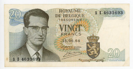 Belgium 20 Francs 1964 Replacement Note
P# 134r, N# 206236; # 1 I 4633693; XF+, Crispy