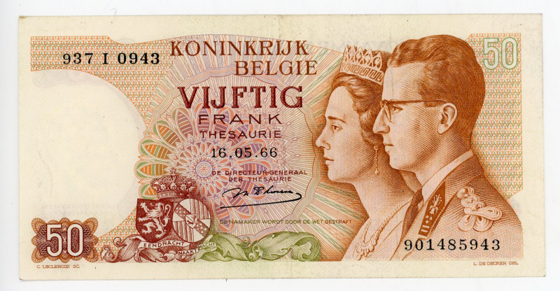 Belgium 50 Francs 1966 Replacement Note
P# 139r, N# 202664; # 937 I 0943; XF+, ...